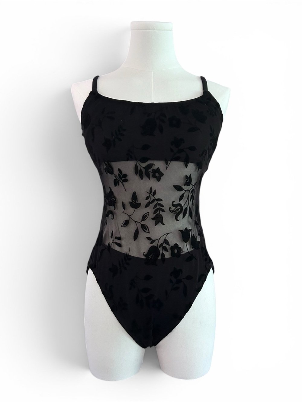 Vintage Adrienne Vittadini Black Mesh Velvet Bodysuit One Piece Swimsuit Size 12